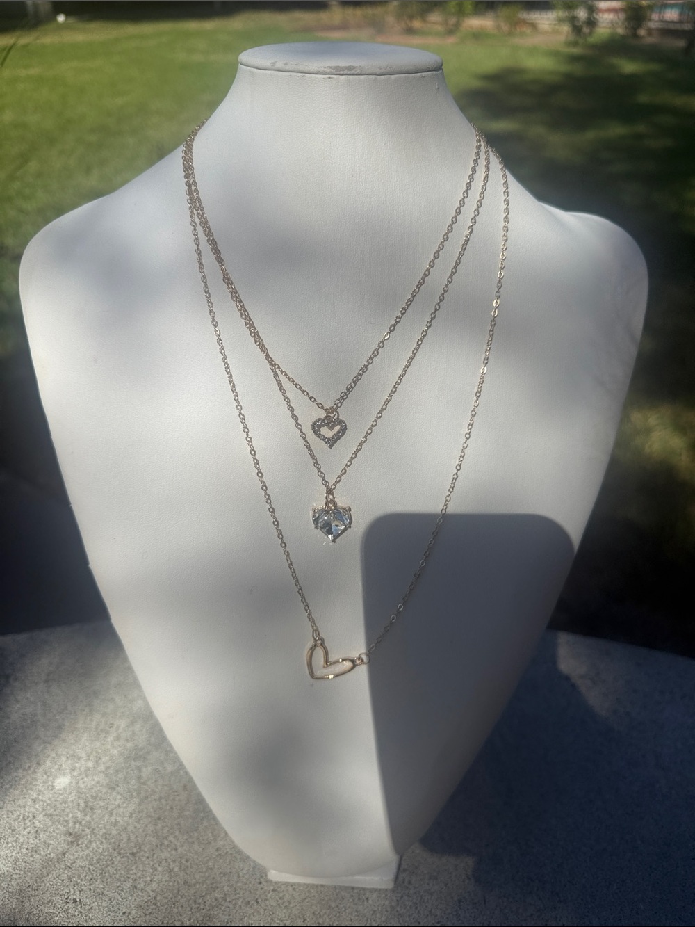 Gold Triple-Layer Heart Necklace with Crystal Accent